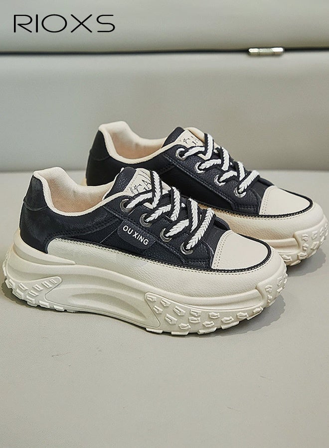 RIOXS Women's Comfort Shoes, 4.5cm Thick Soled Sports Shoes, Fashion Chunky Platform Sneakers for Women, Casual Dating Wedge Sneakers, Classic Lace-Up Athlesiure Shoes, Lady's Lightweight Walking Shoes, Low Top Sneaker for Female,  Anti-slip Trainers for Jogging Running Shopping Daily Wear, Black Footwear - Image 5